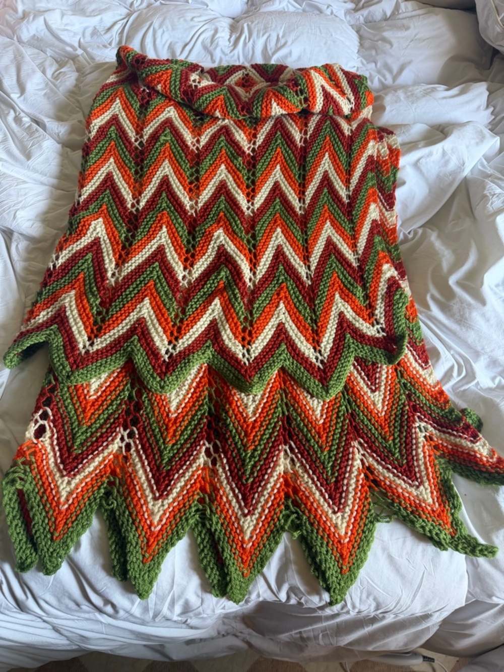 🌷Handmade Afghan Vintage Chevron Knit Tulip Throw Blanket 1970s